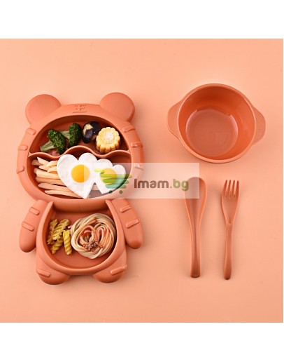 Комплект детски прибори за хранене, с анимационен тигър, тава за храна, купа за супа, вилица и лъжица